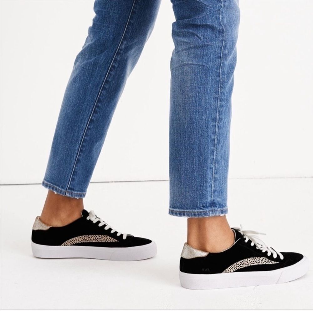 Madewell MWL Low Top Sneakers Black Suede Spotted Calf Hair Stripe Size 7
